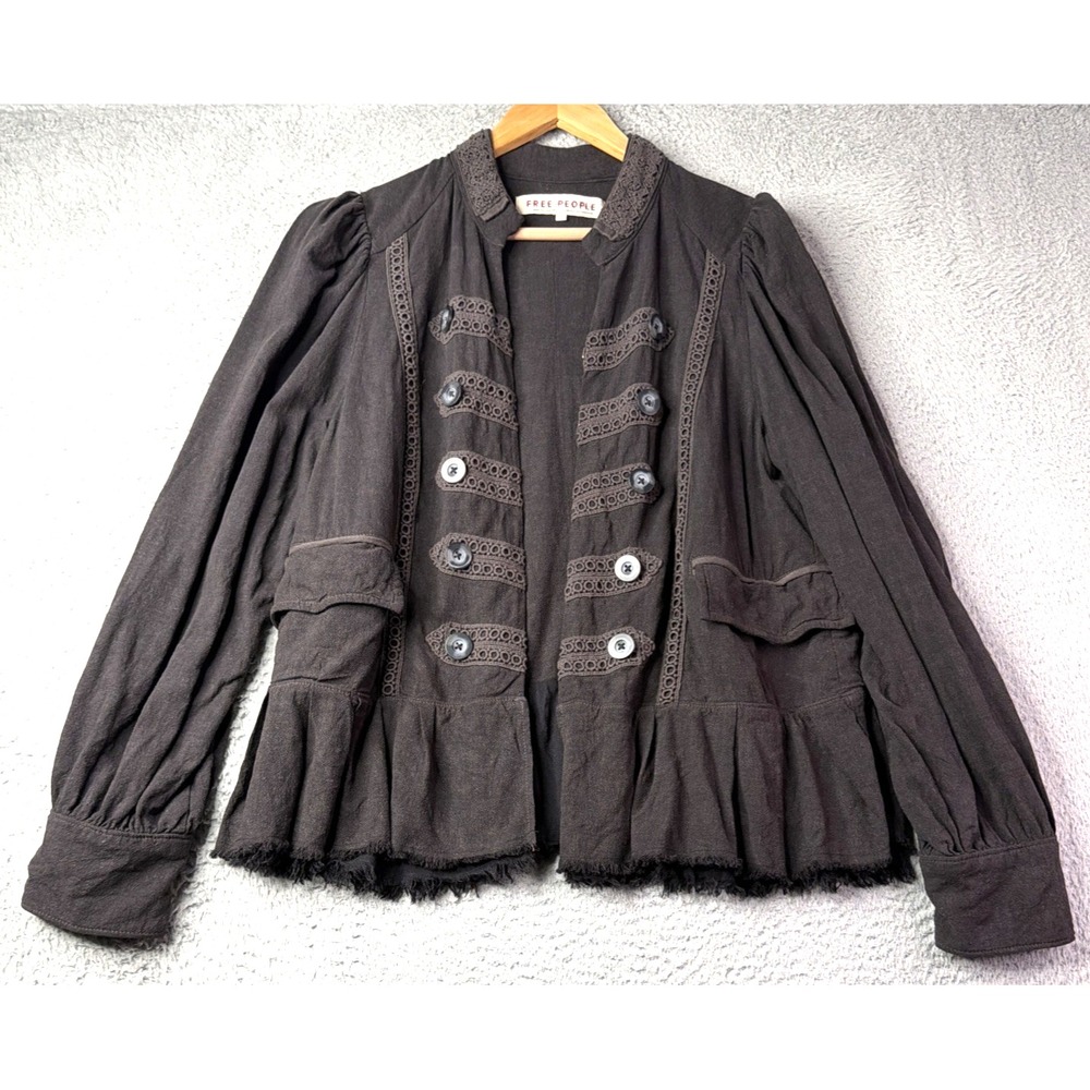 FREE PEOPLE Jacket Womens Size Large Ariana Embroidered Frayed Hem Jacket